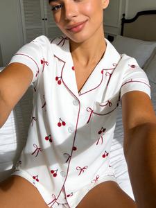 Women's Cherry Bow Printed Sleepwear Set, Short Sleeve Shorts Lapel Open Front Home Wear Two-Piece Set, Comfortable Sofa Loungewear
