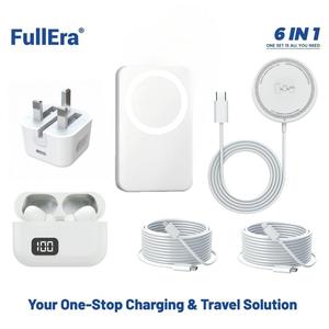 Upgraded 6-in-1 Magnetic Charging & Audio Kit – 20W Fast Charge Power Bank, Wireless Charger, Bluetooth 5.3 Earbuds, Type-C & Lightning Cables, Adapter, Enhanced Magnetic Ring, All-in-One Travel Set, Father’s Day Gift for Dad