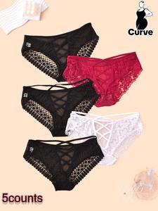 【Plus Size】 Floral Lace Criss Cross Panty, Slim Fit Soft Basic Sheer Knicker for Daily Wear, Women's Curvy Underwear for All Seasons, Womenswear, Elegant Underwear, High Waist Underwear, Breathable Knicker, Stretchy Panty, Fashion Breathable Underwear