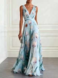 Floral Jacquard V-Neck Sleeveless A-Line Dress, Printed V-Neck Waist Cinching Flared Long Dress, Beach Vacation Party Art Exhibition Fashion