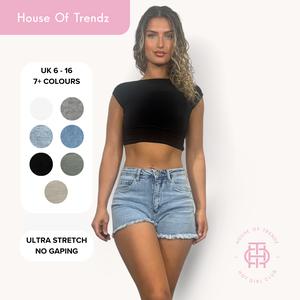[HouseOfTrendz] GIA Stretchy Denim Shorts - Super Stretchy Frayed, Distressed Detail, Womens, Straight Leg Fit, Acid Wash Finish - Cotton, Denim, Summer