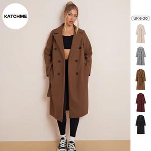 KatchMe Women's Commuter Double Breasted Notch Lapel Waist Tie Pocket Thermal Coat (Size:6-18) (B), Lady's Plain Jacket for Fall & Winter