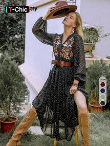 Women's Floral Embroidery Dot Print Bishop Sleeve Tie Neck Ruffle A-line Dress, Boho Chiffon Long Dresses for Holiday Vacation Traveling, Women Clothes