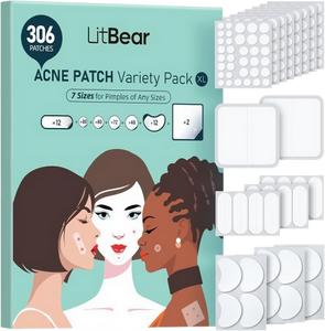 LitBear Skincare Large Pimple Patches 7 Sizes 306 and 612 Patches, Acne Spot Treatment XL Hydrocolloid Bandages for Full Face, Forehead,Back and Body Skincare, Acne Patch
