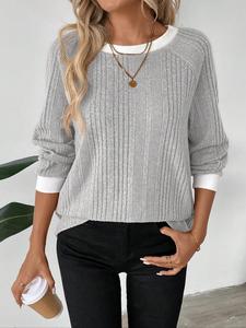 Women's Colorblock Crew Neck T-shirt, Casual Long Sleeve Tee for Daily Wear, Ladies Tops for Spring & Fall