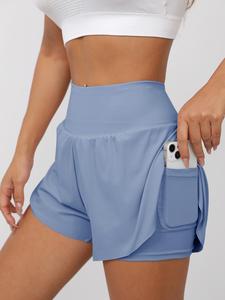 Women's 2 in 1 Solid Color Pocket Sports Shorts, Casual Comfy Breathable Skinny Shorts for Yoga Gym Workout Running, Ladies Sportswear for Spring & Fall