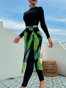 Women's Islamic Swimwear Three-Piece Set, High Stretch Casual Fashion Solid Color Long Sleeve Mock Neck Swim Top & Skinny Pants & Tie Dye Print Drawstring Front Cover Up Skirt for Beach Holiday Vacation, Ladies Islamic Swimwear for All Seasons