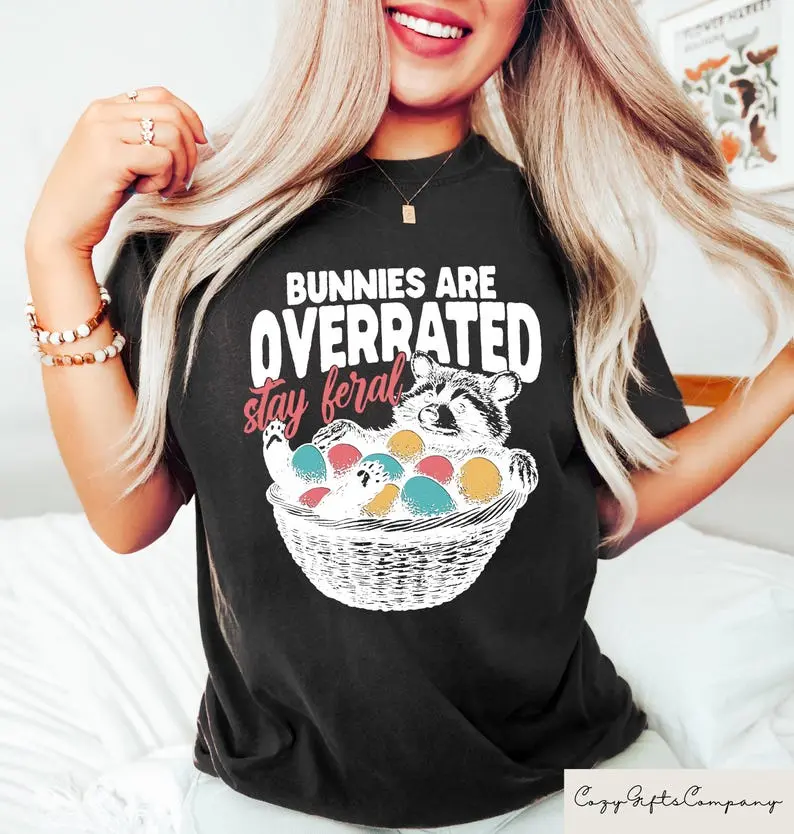 Bunnies Are Overrated Stay Feral T-shirt, Funny Easter Raccoon Shirt, Feral Easter Shirt, Humorous Easter Gift, Retro Easter Bunny Crewneck