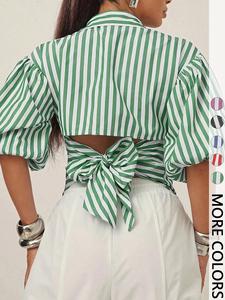 Women's Button Front Shirt with Puffy Sleeves, Back Bow Tie Design, Loose Fit, Business Casual Style, Perfect for Office Wear Valentine