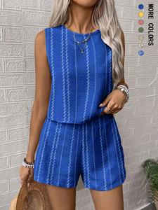 Two-piece Set Women's Striped Print Crop Tank Top & Shorts, Casual Sleeveless Round Neck Top & Shorts for Summer, Ladies Clothes for Daily Wear, Womenswear