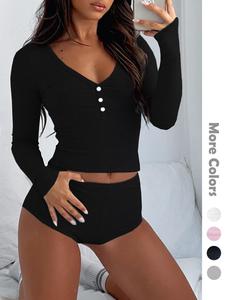 2 Counts Women's Button Detail V Neck Top & Ribbed Shorts PJ Set, Solid Long Sleeve Top & Shorts Pajama Set, Summer Outfits 2024, Women's Sleepwear & Loungewear for Spring & Fall