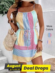 Women's Colorblock Striped Print Tie Front Cami Dress, Adjustable Spaghetti Strap Backless Short Dress for Beach Vacation Holiday, Ladies Summer Clothes, Summer Dresses 2025, Sundresses, Casual Bohemian Fashion, Casual Boho Style Womenswear