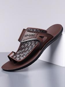 Men's Summer New Sandals, Letter Print Straw-Texture Design, Trendy Fashion Anti-Slip Thin Sole Beach Shoes