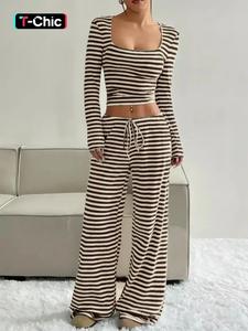 Women's Striped Print Crop Top & Drawstring Pants Two-piece Set, Casual Fashion Cozy Top & Trousers for Daily Outdoor Wear, Women's Clothing for Spring, Travel