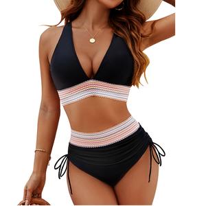 Women High Waisted Bikini Sets Tummy Control Swimsuits Color Block Two Piece Drawstring Bathing Suit