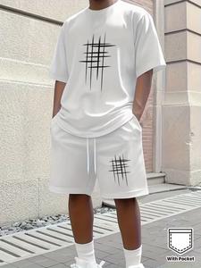 Men's Short Sleeve Casual Sports Set, Plaid Pattern, Breathable Soft Summer Wear, Drawstring Shorts with Pockets