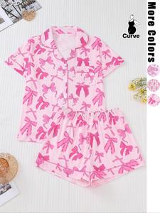 【Plus Size】Women's Pajama Set, Cute Bow Print, Comfortable Lapel Button Short Sleeve Top & Elastic Shorts, Casual Home Wear