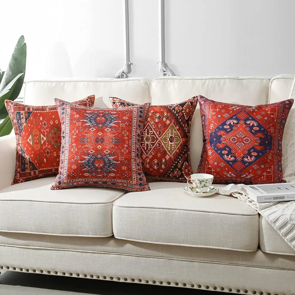 Cushion Cover Set 50*50cm of 4 Bohemian Style Decorative Throw Pillow Covers Linen Square Exotic Pillow Cases 18x18 Inch for Sofa Couch Bedroom Outdoor Home Office Car Decor