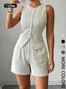 2-Piece Set Round Neck Sleeveless Button Crop Top Striped T-Shirt + Elastic Waist Short Pants, Casual Loose-Fitting Home