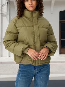 Women's Solid Button Front Pocket Zip Up Winter Coat, Casual Warm Funnel Neck Long Sleeve Sports Outerwear for Fall & Winter, Women's Sport Clothes for Daily Wear