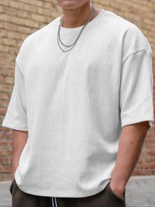 Men's Solid Ribbed Short Sleeve Tee, Loose Casual Comfy Round Neck T-shirt for Summer, Fashion Men's Top for Daily Wear, Men's Clothing