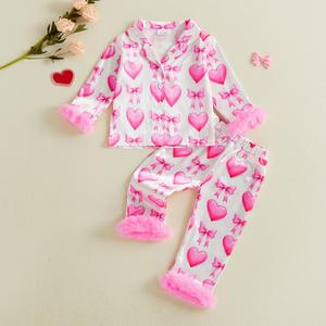 Valentine's Day Girl Satin Pajamas Set Bow Heart Print Long Sleeve Turn Down Collar Tops with Elastic Waist Pants Sleepwear