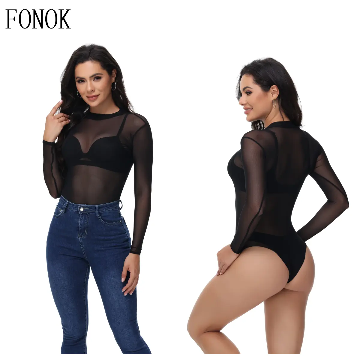 Spring Women's Long Sleeve Bodysuit, 1/2PCS Mesh Casual Breathable Bottoms, Half High Neck Top