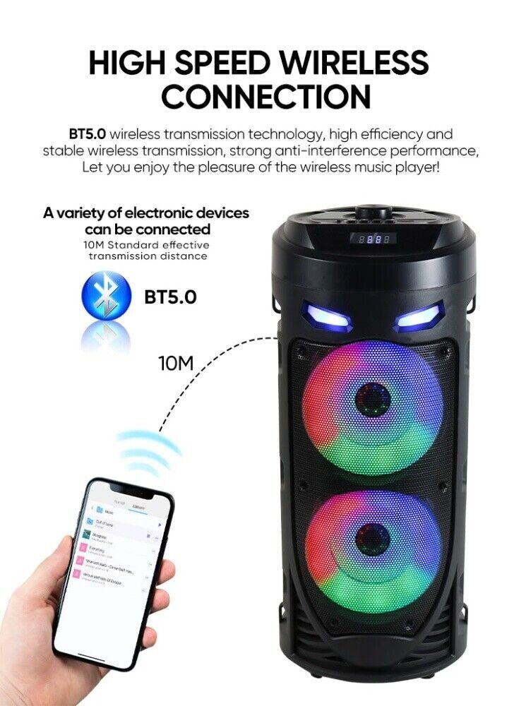Portable Bluetooth 5.0 Party Speaker with Sub Woofer Heavy Bass Sound System MIC LED Lighting USB FM Radio Karaoke Input Adjustable Strap for Outdoor Use TWS Function UK Seller Fast Delivery Card Audio - Stereo, Cable Smartphone Colorful Remote Control