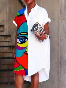 Women's Cartoon Face Print Curved Hem Shirt Dress, Casual Batwing Sleeve Knee Length Dress for Summer, Ladies Clothes for Holiday Vacation