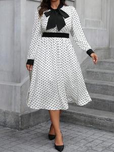 【Plus Size】Polka Dot Print A Line Dress, Casual Elegant Bishop Sleeve Dress for Spring & Fall, Women's Clothes for Daily Wear, Womenswear