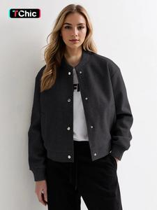 Women's Solid Button Front Drop Shoulder Bomber Jacket, Casual Long Sleeve Pocket Outerwear for Spring & Fall, Ladies Clothes for Daily Wear