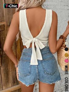 Women's Plain Tie Back Waffle Knit Tank Top, Casual Sleeveless Top for Daily Wear, Ladies Clothes for All Seasons