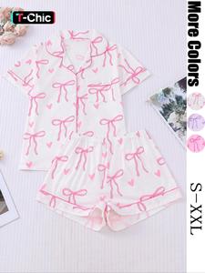 Women's All Over Bow Print Crop Shirt & Elastic Waist Shorts Pyjama Two-piece Set, Casual Comfy Short Sleeve Top & Shorts PJ Set, Ladies Sleepwear for All Seasons