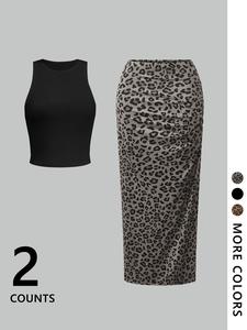 Two-piece Set Women's Leopard Print Curved Hem Crop Tank Top & Skirt, Casual Fashion Cozy Outfits for Daily Outdoor Wear, Ladies Clothes for Spring & Summer, Suits, Bodycon Skirt Set, Womenswear, Chic Skirt Sets, Casual Matching Set, Boho Outfit Sets