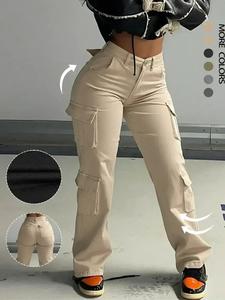 Women's Plain High-Waisted Cargo Pants with Pockets and Drawstring, Fashion Y2K K-Pop Style Streetwear Trousers for Daily Wear, Ladies' Baggy Pants for Fall & Winter