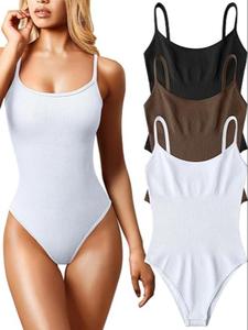 Women's 3 Counts Plain Backless Sports Bodysuit, Casual Sleeveless Adjustable Strap Cami Bodysuit for Workout Yoga Gym, Ladies Sportswear for Indoor Outdoor Wear