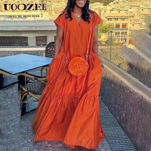 Loose Short Sleeves Pleated Pockets Solid Color Split-Joint V-Neck Maxi Dresses