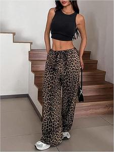 Women's Leopard Print Tie Front Pocket Wide Leg Pants, Casual Comfy Straight Leg Trousers for Daily Wear, Ladies Bottoms for All Seasons