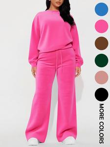 Women's Casual Fashion Long Sleeve Top & High Waist Straight Leg Pants Set, Autumn Winter, Comfortable and Stylish Clothing