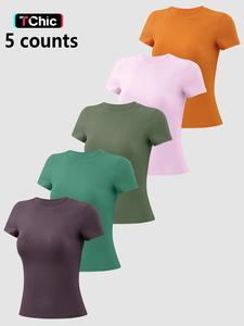 Women's Seamless High-Elastic Soft Comfort Round Neck Flat Shoulder Short Sleeve Yoga Wear 1-Piece/2-Piece Fashion T-Shirt, Athletic Top, Sports Tops for All Seasons Outdoor Running Cycling Hiking Walking Shopping Home Gym Training Versatile