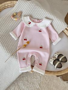 Cherry Embroidery Baby Bodysuit with Doll Collar, Cute Loose-Fitting Spring & Fall, Soft Comfortable Infant Clothing