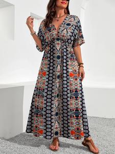 Plus Size Ethnic Pattern Ruched V Neck Dress, Boho Casual Floral Print Half Sleeve A Line Dress for Summer, Women's Clothes for Beach Holiday Vacation