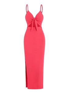 Women's Plain/denim-effect Print Cut Out Knot Front Spaghetti Strap Cami Dress, Sexy Backless Ribbed Slim Bodycon Long Dress, Ladies Summer Clothes for Party Club Dating Wear