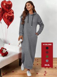 Women's Plain Drawstring Hooded Sweatshirt Dress, Autumn Dresses, Casual Pocket Drop Shoulder Long Sleeve Dress, Women's Fall & Winter Clothes for Daily Wear