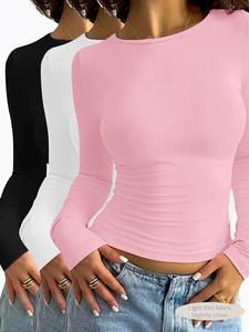 Women's Solid Long Sleeve Tee, Casual Comfy Round Neck T-shirt for Daily Wear, Ladies Sleepwear for All Seasons, Ladies Pyjamas