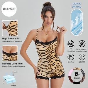 KatchMe & LUMENNEST Women's Abstract Tiger Print Thin Strap Lace Trim Soft Playsuit, Minimalist Stretch Sleeveless Shapewear, Sport & Outdoor Clothing
