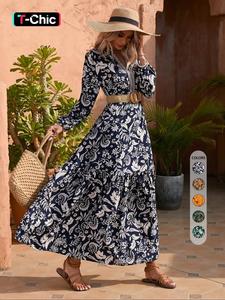 Women's Floral Print Embroidered Trim Bishop Sleeve Notch Neck A-Line Long Dress, Boho Spring & Fall Ruffle Long Sleeve Maxi Dresses for Vacation Holiday Beach, Casual Wear, Gypsy Birthday Dress, Womenswear