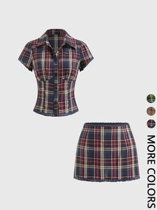 2-Piece Plaid Short Sleeve Shirt & Mini Skirt Matching Set - Casual Outfit for School, Work and Dates