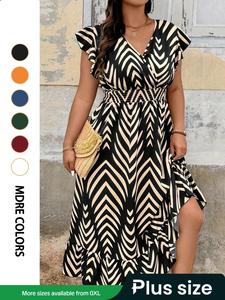 【Plus Size】 All Over Print Shortsleeve Shirred Dress, Casual Ruffle Hem Dress for Summer, Women's Plus Clothing for Daily Wear, Womenswear, Casual Fashionable Dress