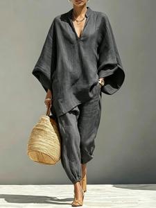 Women's Summer Loose Fit Set, Deep V Neck Batwing Sleeve Top, Lightweight Comfortable Two-Piece Long Pants, Multiple Colors Available